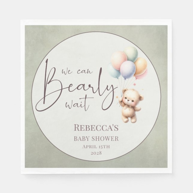 We can bearly wait cute bear balloon baby shower pappersservett (Framsidan)