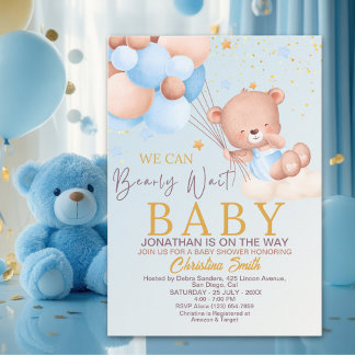 We Can Bearly Wait Cute Bear Boy Baby Shower Inbjudningar