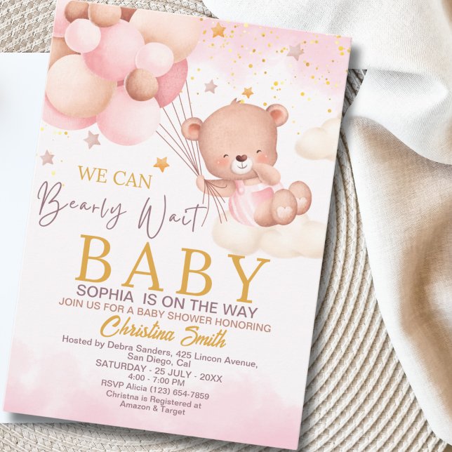 We Can Bearly Wait Cute Bear Girl Baby Shower Inbjudningar (Skapare uppladdad)