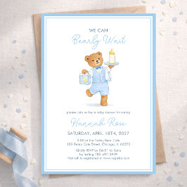 We Can Bearly Wait Cute Blue Boy Teddy Baby Shower Inbjudningar