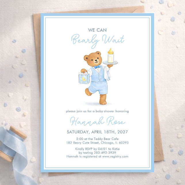 We Can Bearly Wait Cute Blue Boy Teddy Baby Shower Inbjudningar (Skapare uppladdad)