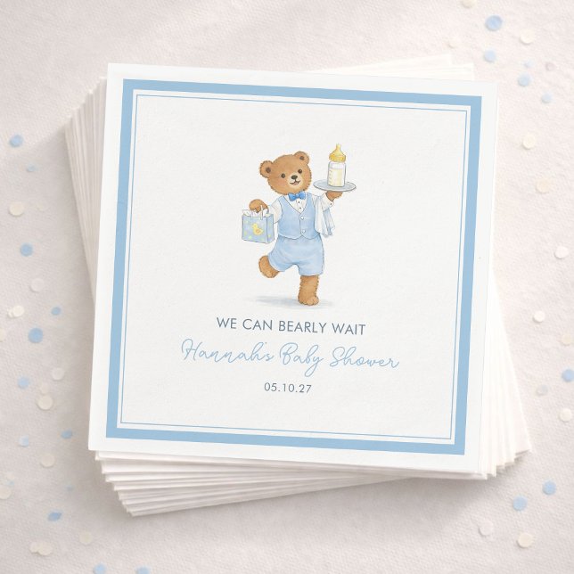 We Can Bearly Wait Cute Blue Boy Teddy Baby Shower Pappersservett (Skapare uppladdad)