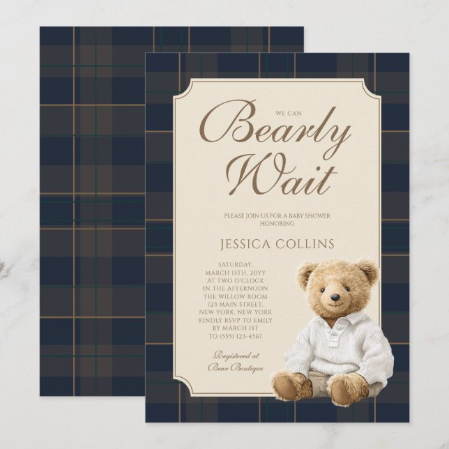We Can Bearly Wait Cute Cub Teddy Bear Baby Shower Inbjudningar (Fram/baksida)