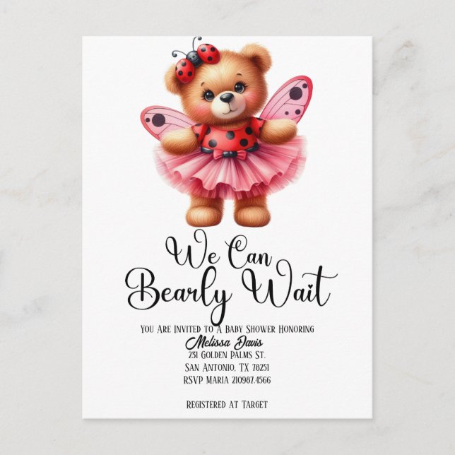 We Can Bearly Wait Girl Baby Shower Invitation Vykort (Framsida)