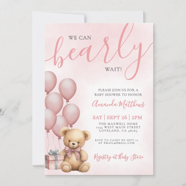 We Can Bearly Wait Girl Pink Bear Baby Shower Inbjudningar (Framsida)