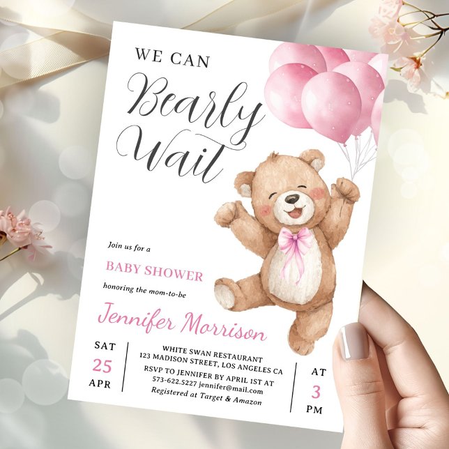 We Can Bearly Wait Girl Teddy Bear Baby Shower Inbjudningar (Skapare uppladdad)