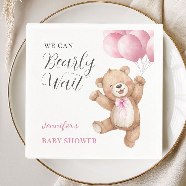 We Can Bearly Wait Girl Teddy Bear Baby Shower Pappersservett (Skapare uppladdad)