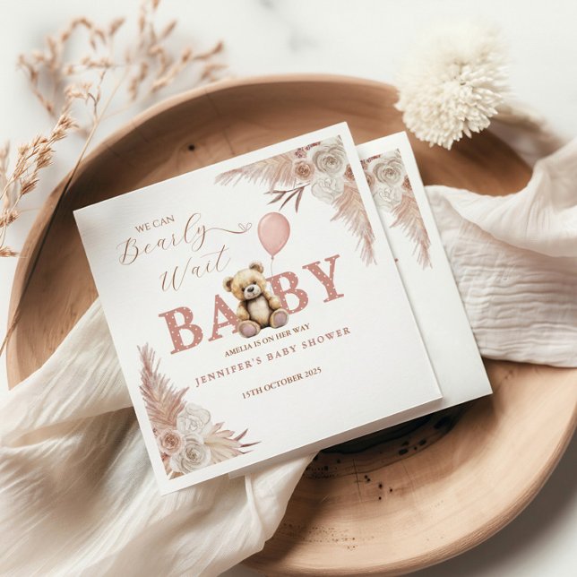 We Can Bearly Wait Girl Teddy Bear Pink Boho Pappersservett (Skapare uppladdad)