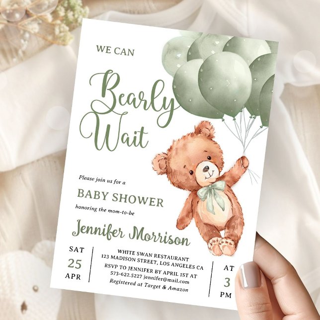 We Can Bearly Wait Green Teddy Bear Baby Shower Inbjudningar (Skapare uppladdad)