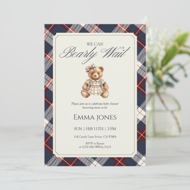 We Can Bearly Wait Navy Plaid Bear Baby Shower Inbjudningar (Stående Fram)