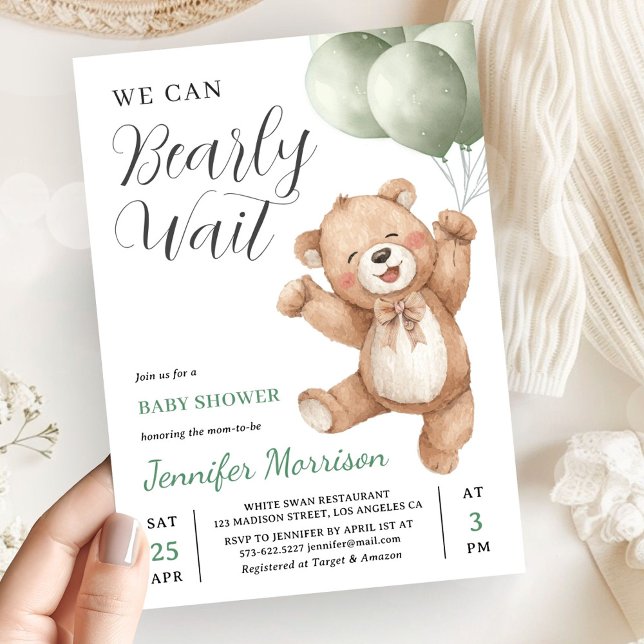 We Can Bearly Wait Neutral Teddy Bear Baby Shower Inbjudningar (Skapare uppladdad)