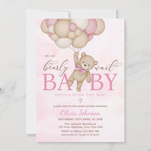 We Can Bearly Wait Pink Baby Shower Inbjudningar (Framsida)