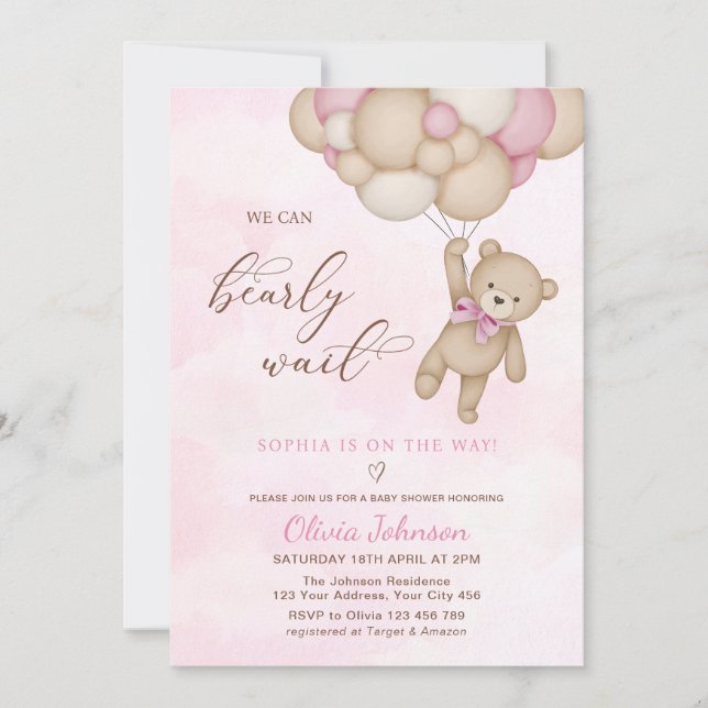 We Can Bearly Wait Pink Baby Shower Inbjudningar (Framsida)