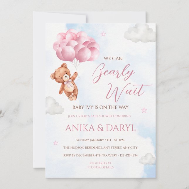 We Can Bearly Wait Pink Baby Shower Invitation Inbjudningar (Framsida)