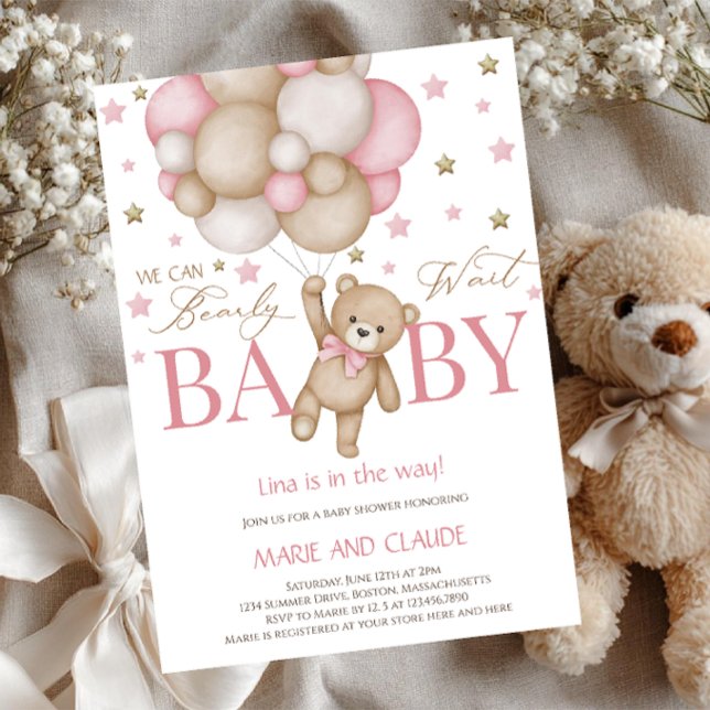 We can Bearly Wait Pink&beige Balloons baby shower Inbjudningar (Skapare uppladdad)