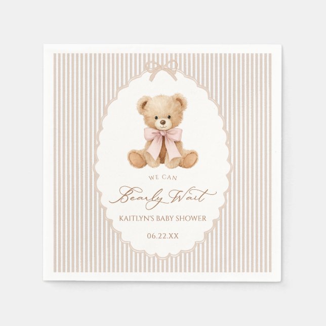 We Can Bearly Wait pink bow girl Baby Shower Pappersservett (Framsidan)