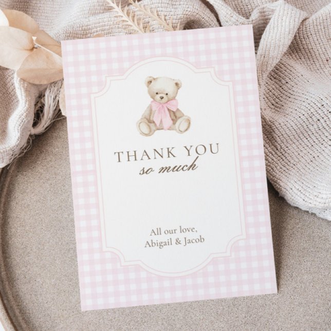 We Can Bearly Wait Pink Gingham Teddy Bear Baby Tack Kort (Skapare uppladdad)
