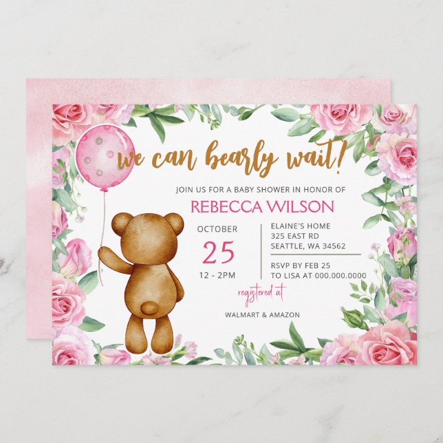 We Can Bearly Wait Pink Girl Baby Shower Inbjudningar (Fram/baksida)