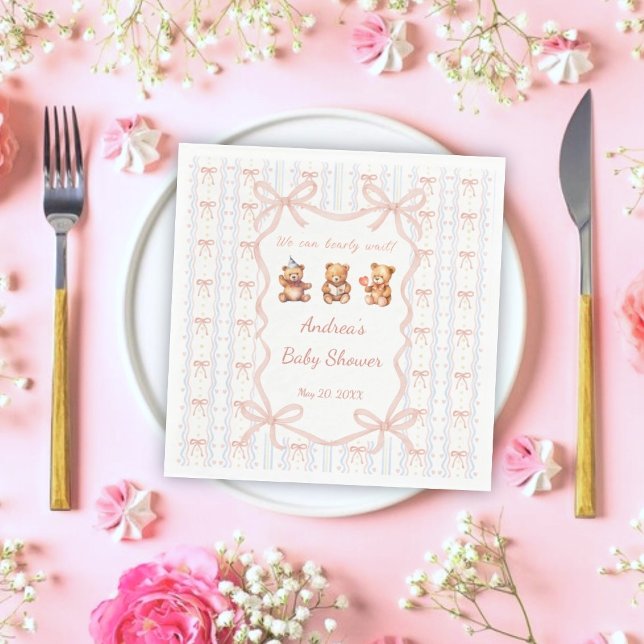 We Can Bearly Wait Pink Lace Ribbon Baby Shower  Pappersservett (Skapare uppladdad)