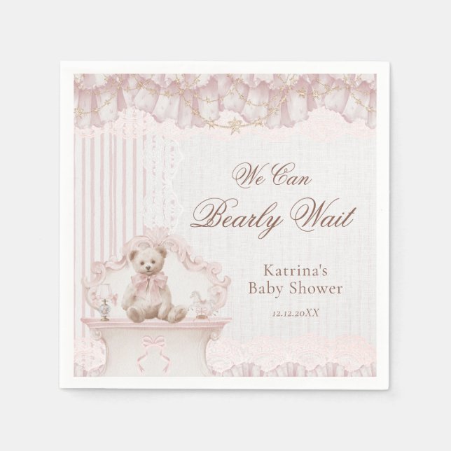 We Can Bearly Wait Pink Nursery Girl Baby Shower Pappersservett (Framsidan)