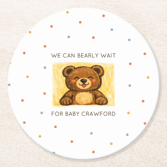 We Can Bearly Wait! Simple Hand Drawn Baby Shower Underlägg Papper Rund (Framsidan)