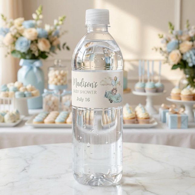 We Can Bearly Wait Teddy Bear Airplane Blue Boy Vattenflaska Etikett (Skapare uppladdad)