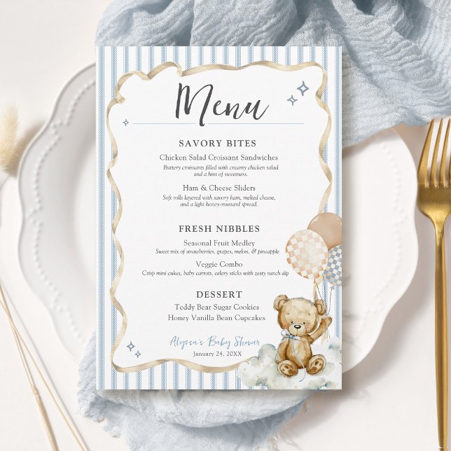 We Can Bearly Wait Teddy Bear Baby Boy Shower Menu Inbjudningar (We Can Bearly Wait teddy bear watercolor blue bow & beige ribbon digital baby boy shower menu card)