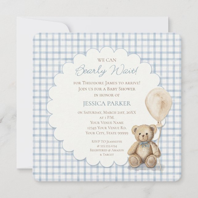 We Can Bearly Wait Teddy Bear Baby Shower Boy  Inbjudningar (Framsida)