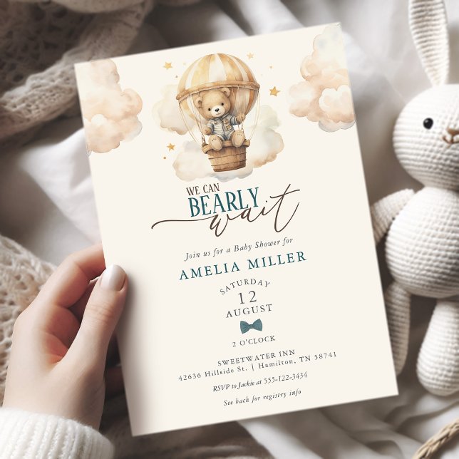 We Can Bearly Wait Teddy Bear Balloon Baby Shower Inbjudningar (We Can Bearly Wait Teddy Bear Hot Air Balloon Baby Boy Shower Invitation)