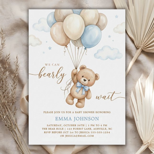 We Can Bearly Wait Teddy Bear Balloon Baby Shower Inbjudningar (We Can Bearly Wait Teddy Bear Balloon Baby Shower Invitation)