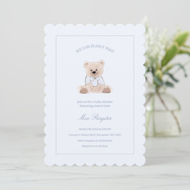 We Can Bearly Wait Teddy Bear Blue Baby Shower Inbjudningar (Stående Fram)