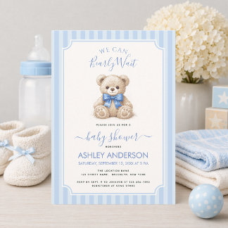We Can Bearly Wait Teddy Bear Blue Bow Baby Shower Inbjudningar