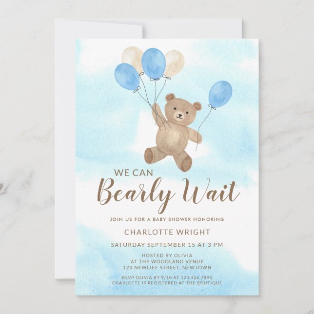 We Can Bearly Wait Teddy Bear Boy Baby Shower Inbjudningar (Framsida)