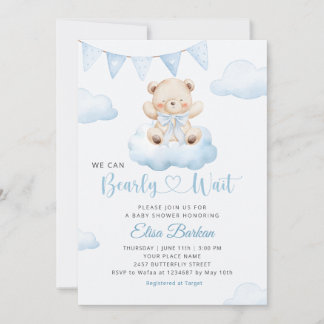 We Can Bearly Wait Teddy Bear Boy Baby Shower Inbjudningar