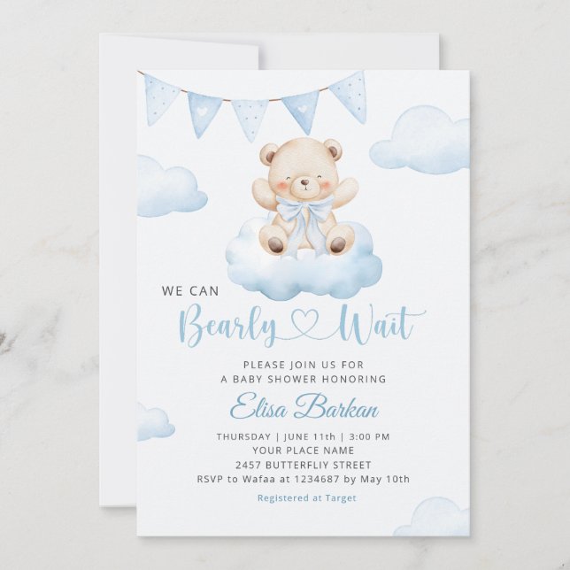 We Can Bearly Wait Teddy Bear Boy Baby Shower Inbjudningar (Framsida)