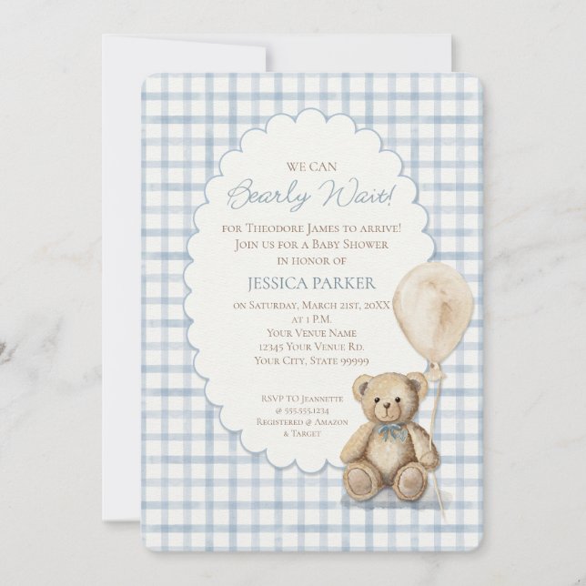 We Can Bearly Wait Teddy Bear Boy Baby Shower Inbjudningar (Framsida)