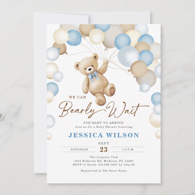 We Can Bearly Wait Teddy Bear Boy Baby Shower Inbjudningar (Framsida)