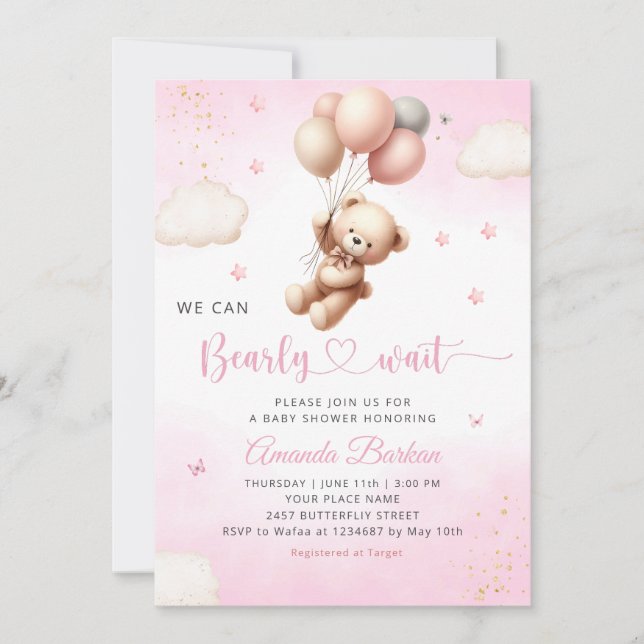 We Can Bearly Wait Teddy Bear Girl Baby Shower Inbjudningar (Framsida)