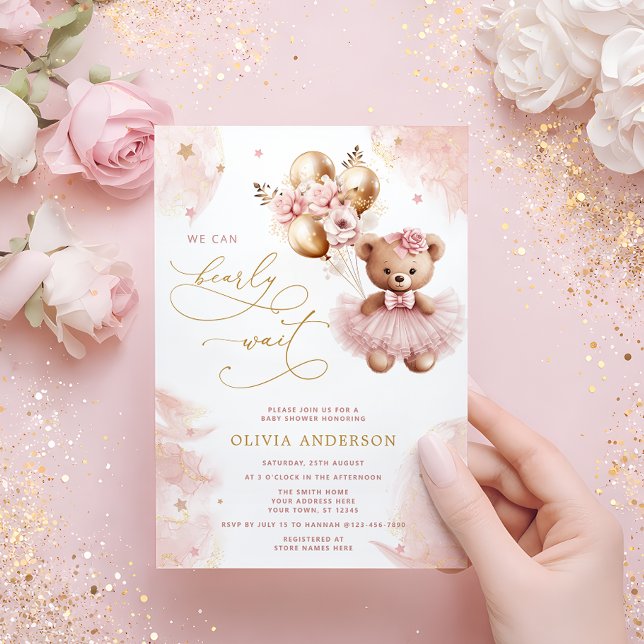 We Can Bearly Wait Teddy Bear Girl Baby Shower Inv Inbjudningar (Skapare uppladdad)
