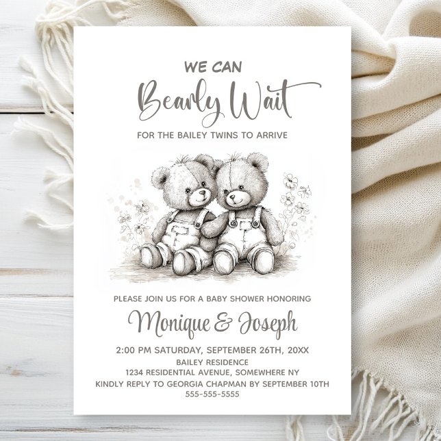 We Can Bearly Wait Teddy Bear Twins Baby Shower Inbjudningar (Skapare uppladdad)