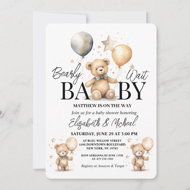 We Can Bearly Wait Theme Baby Shower Invitation Inbjudningar (Framsida)