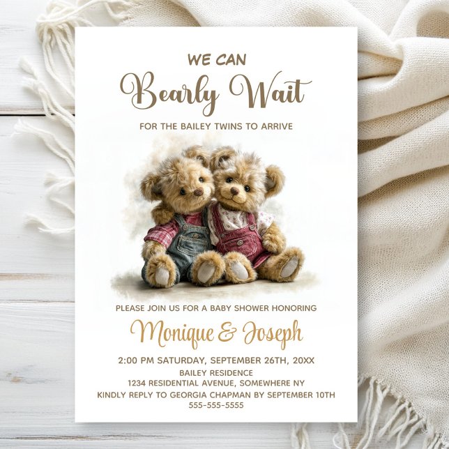 We Can Bearly Wait Twin Teddy Bears Baby Shower Inbjudningar (Skapare uppladdad)