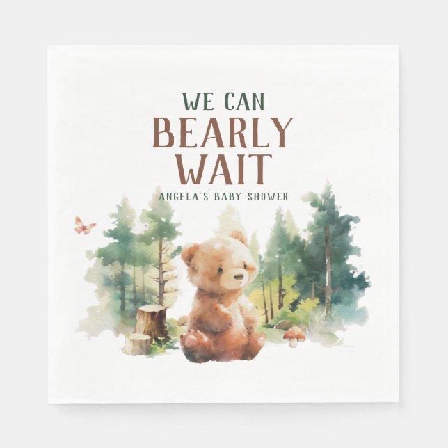 We Can Bearly Wait Woodland Baby Shower Napkins Pappersservett (Framsidan)