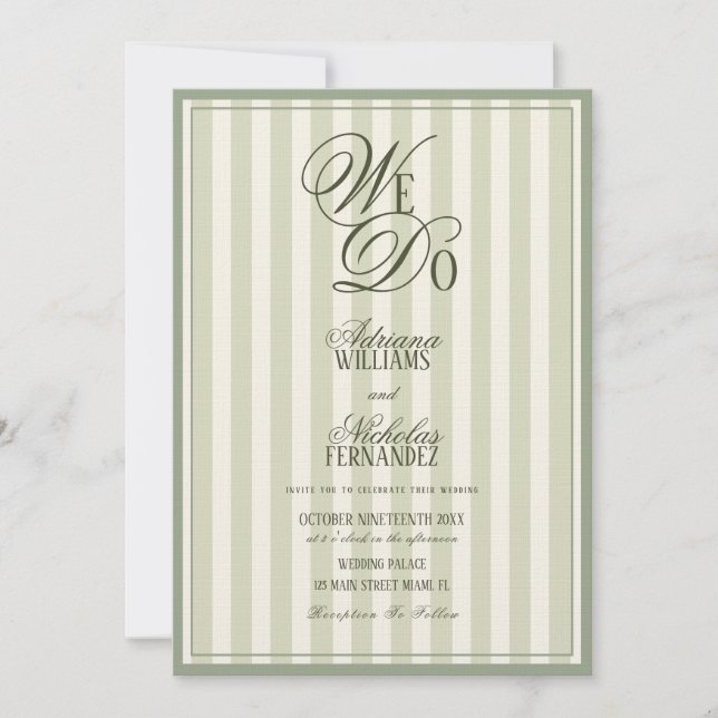 We Do Elegant Striped Ivory Green Wedding Inbjudningar (Framsida)