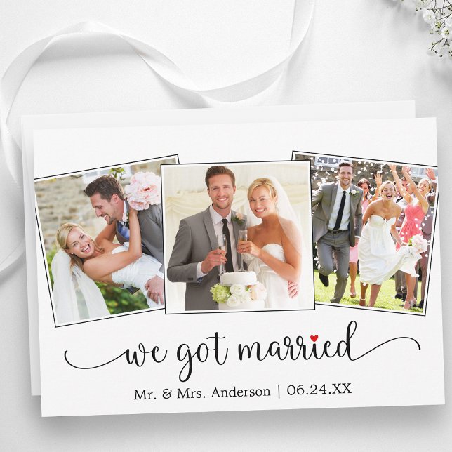 We Got Married Calligraphy Red Heart 3 Photo Meddelande (Customize to change your personalized text size, text style or to add text to back of card.)