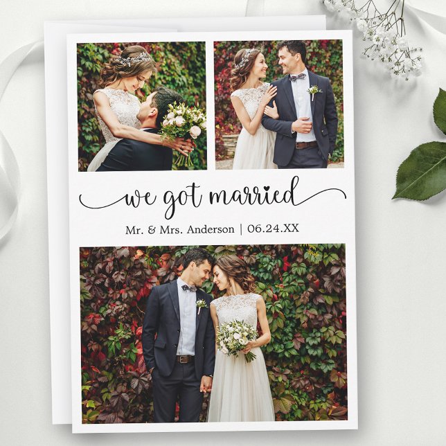 We Got Married Heart Calligraphy 3 Photos Wedding Meddelande (Customize to change your personalized text size, text style or to add text to back of card.)
