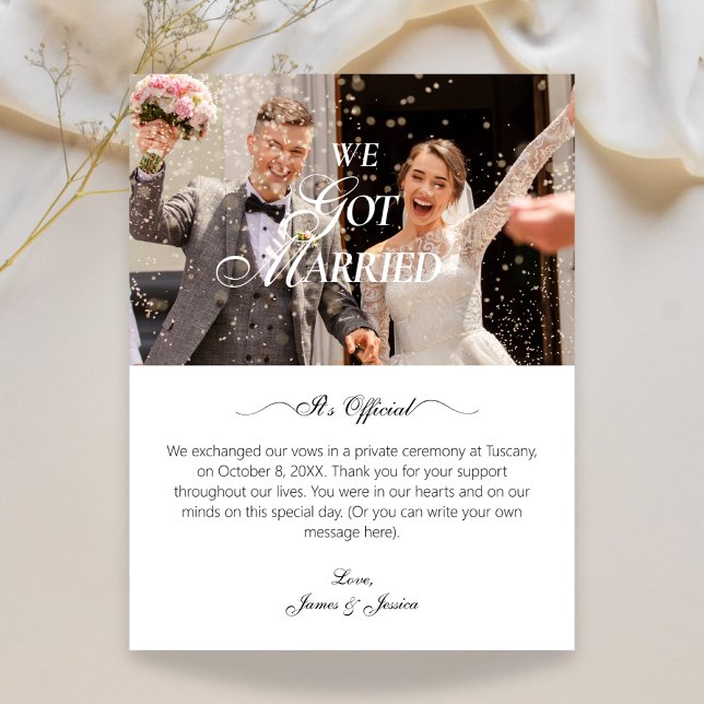 We got married wedding photo  announcement meddelande (Skapare uppladdad)