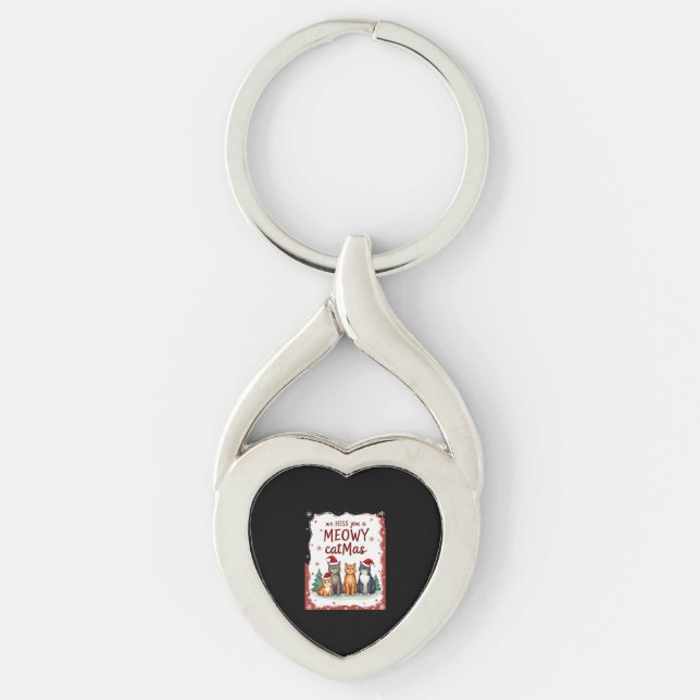 We Hiss You A Meowy Catmas Funny Cat Christmas Ugl Twisted Heart Silverfärgad Nyckelring (Framsidan)