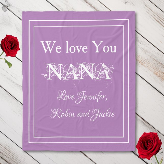 "We Kärlek You NANA" Personlig Cudely Lavender Fleecefilt ("We Love You NANA" Personalized Names, Cute and Cuddly Lavender Fleece Blanket.)
