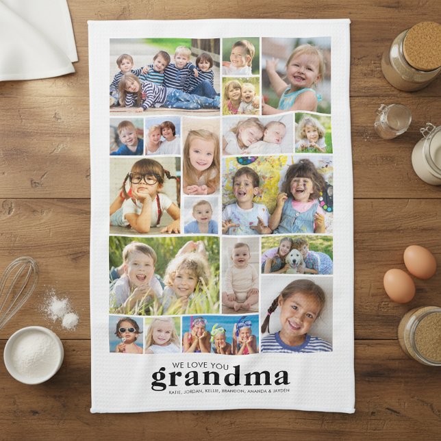 We Love You Grandma 19 Photo Collage Names Modern Kökshandduk (Skapare uppladdad)